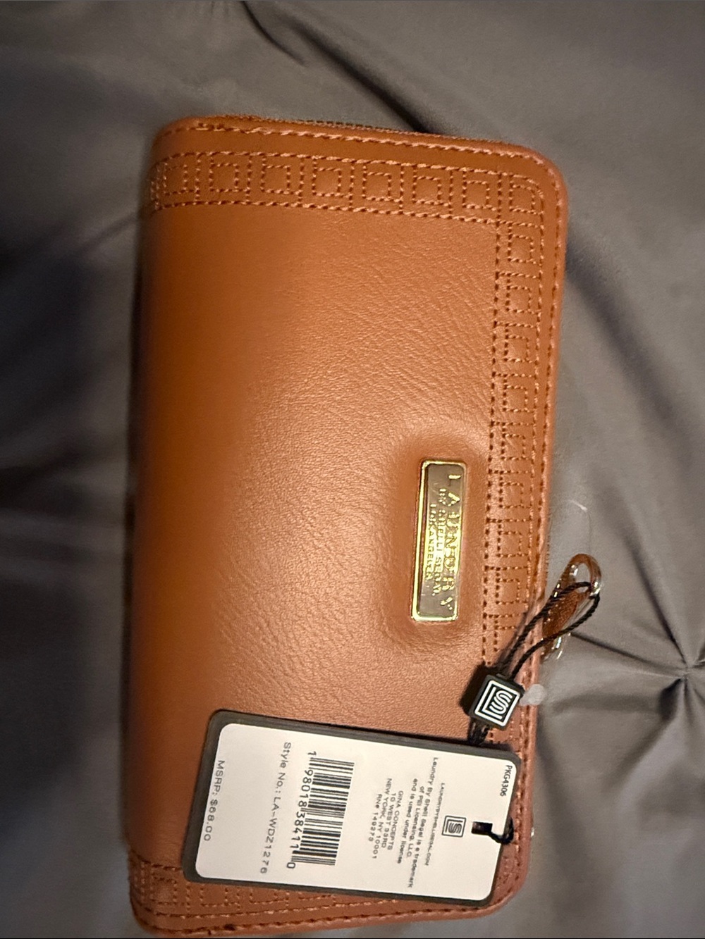 Laundry Cognac Leather Zip Wallet with Gold Plaque